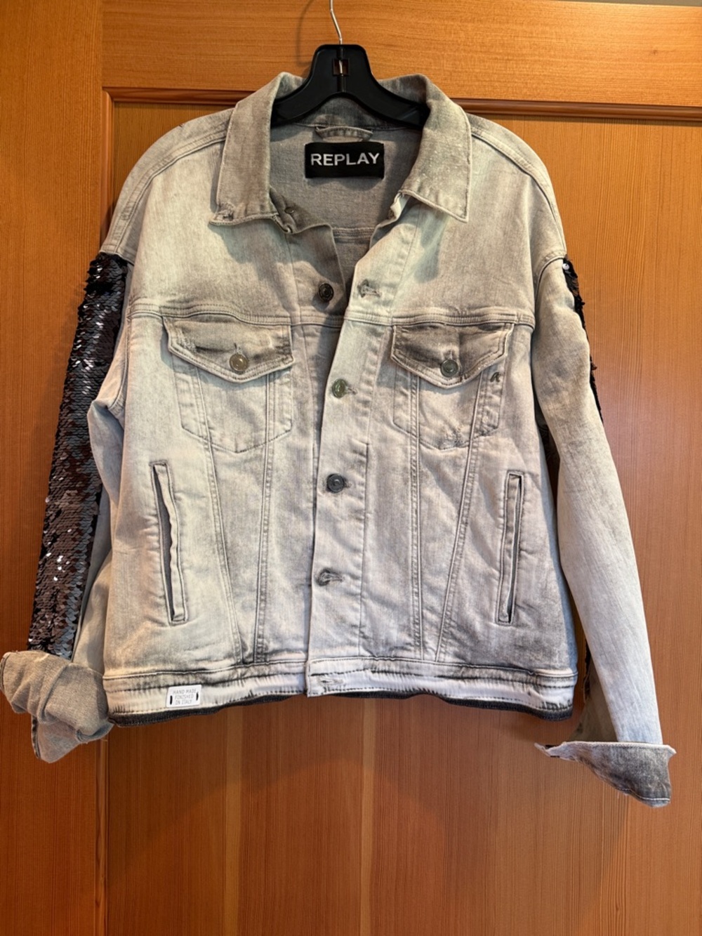 Replay Light Grey Denim Jacket with Black Sequin Sleeves